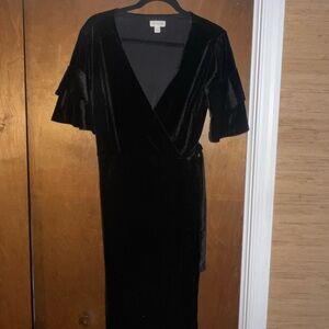 Maison Jules Black Velvet Wrap Dress with Ruffle Sleeves